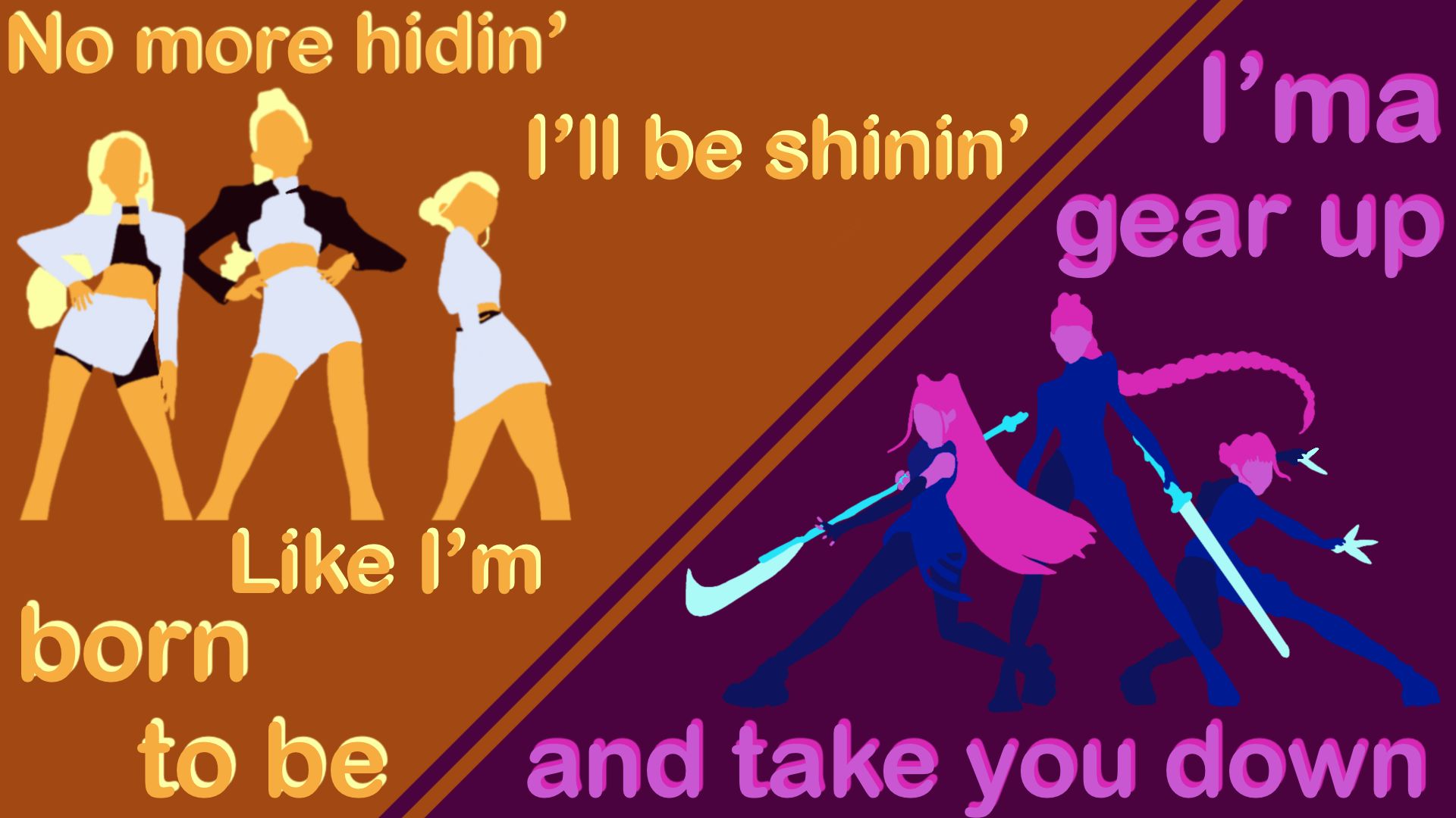 A graphic of two HUNTR/X songs. On top left is the lyrics from Golden, and bottom right is Takedown. Both are accompanied by a graphic of the group in the song's colors.