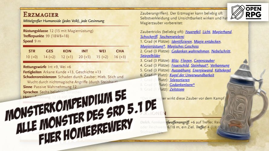 Werteblock des Erzmagiers. Namen von Zaubersprüchen sind als Links hervorgehoben