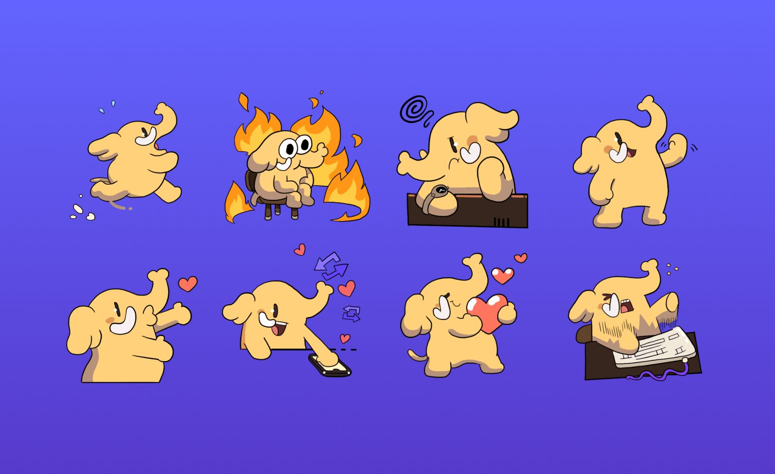 A purple image with a number of cute Mastodon mascots in a series of poses (running, this is fine, waiting, waving, greeting, boosting, liking, and typing)