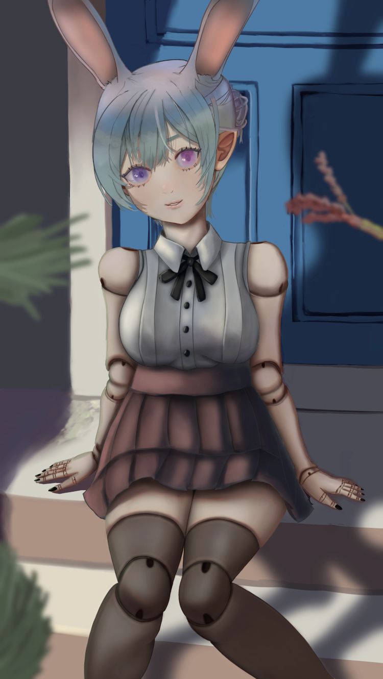 A portrait of Kata Kabun, a feminine fair-skinned ball-jointed elf-rabbit hybrid doll sitting on a sunlit porch with some plants in front of a blue door. Its silver hair is reflecting pretty greens, blues, and pinks from the environment. Kata is wearing a gray button-up shirt with a bow, a black high-waisted skirt, and black thigh highs. Its eyes, one magenta and one indigo, are rendered in a glassy, doll-like fashion.