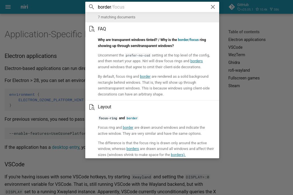 Screenshot of the new wiki with an open search box for "border".