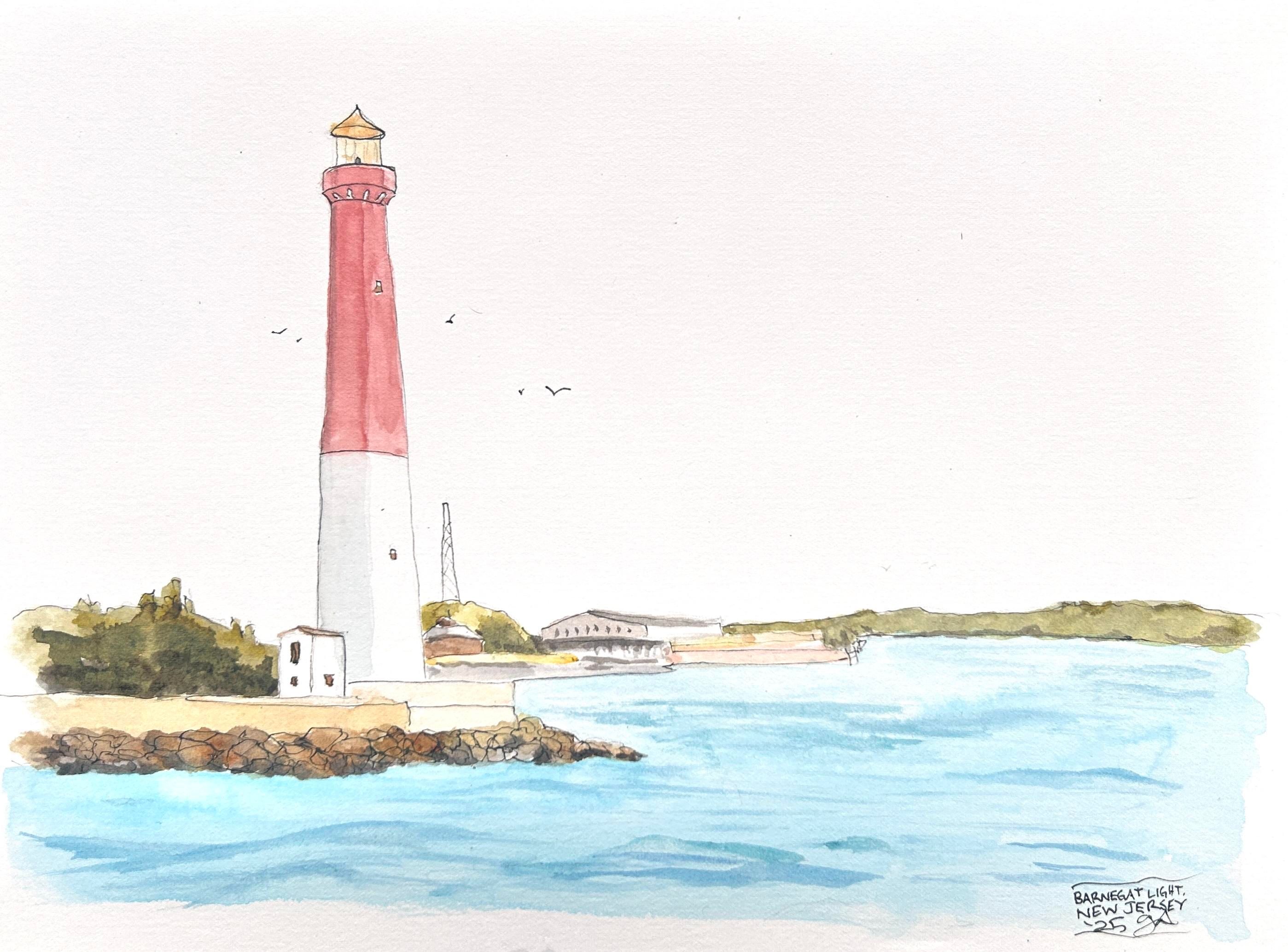 Watercolor of a lighthouse with bright water in the foreground 