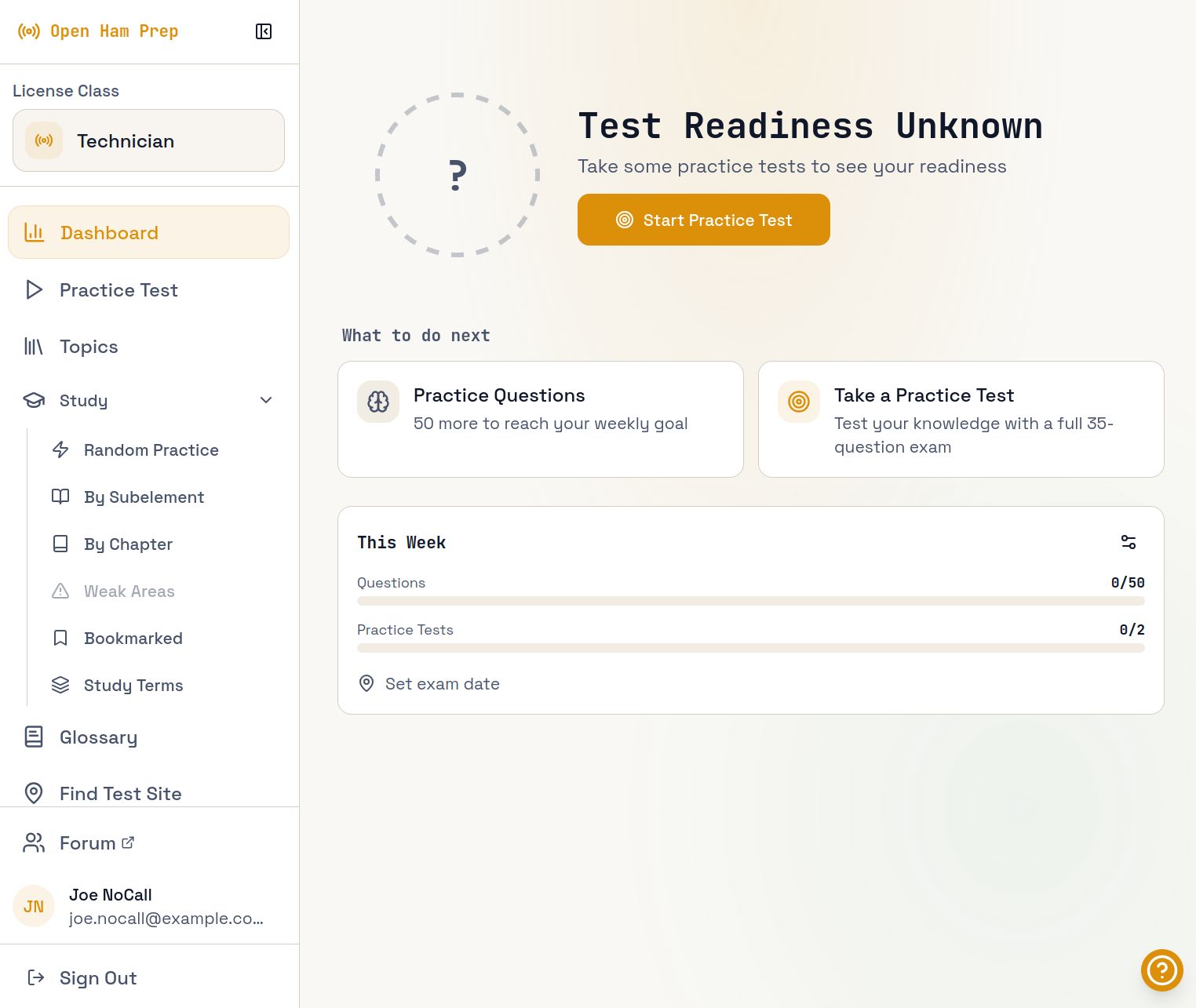 Screenshot showing Open Ham Prep in light mode immediately after logging in as a new user.