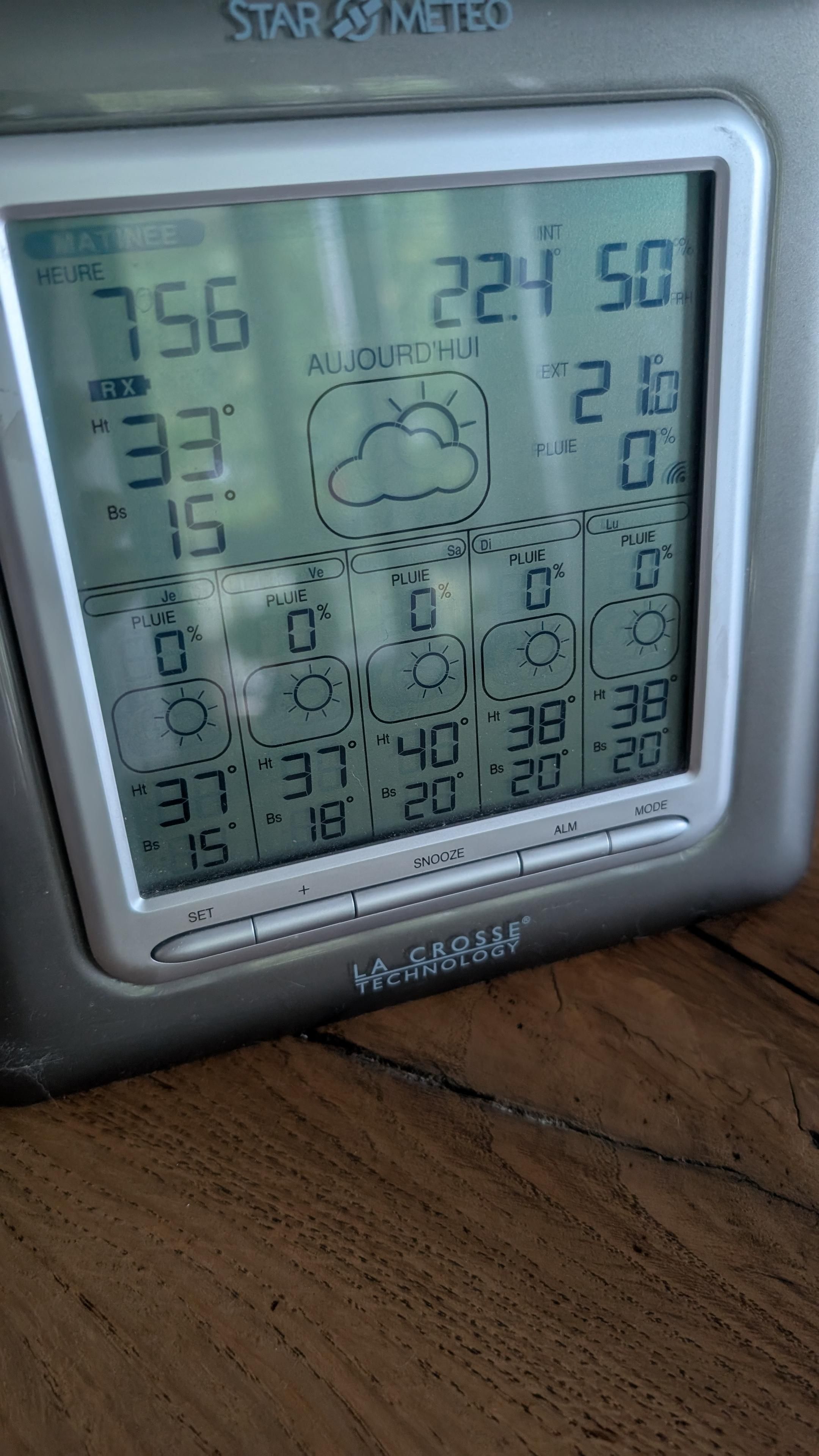 Station météo indiquant les températures des prochains jours allant de 37 à 40 degrés et de 15 à 20 degrés la nuit