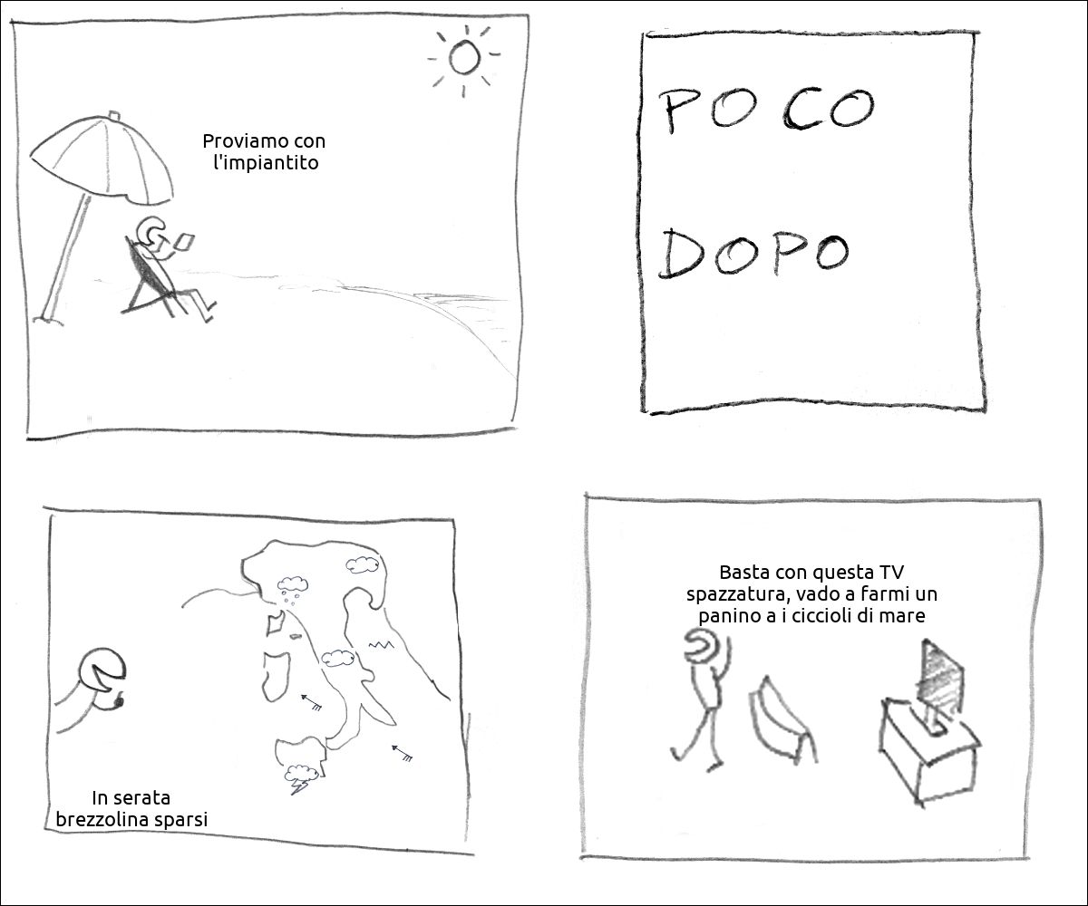 Un tizio sulla spiaggia sotto l'ombrellone dice: «Proviamo con  l'impiantito»
didascalia: poco dopo
Il tizio delle previsioni dice: «In serata brezzolina sparsi» mentre mostra la cartina d'Italia
il tizio spegne la TV e dice: «Basta con questa TV spazzatura, vado a farmi un panino a i ciccioli di mare »
