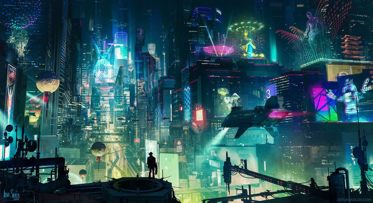 Artwork of a huge cyberpunk city with neon lights. Most of these lights are green. The sky is dark. There is a person standing on a structure overlooking the city and a vehicle is flying from right to left.