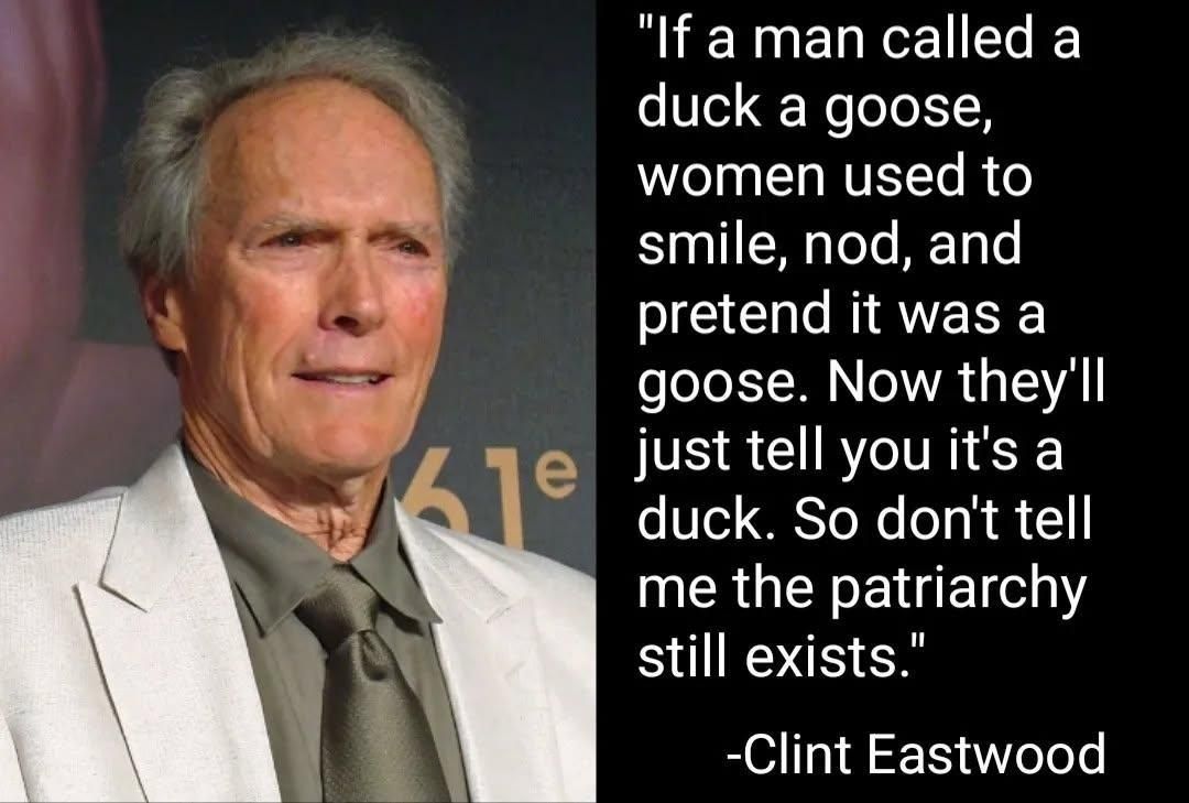 "If a man called a
duck a goose,
women used to
smile, nod, and
pretend it was a
goose. Now they'll
just tell youit's a
duck. So don't tell
me the patriarchy
still exists."

61e

-Clint Eastwood