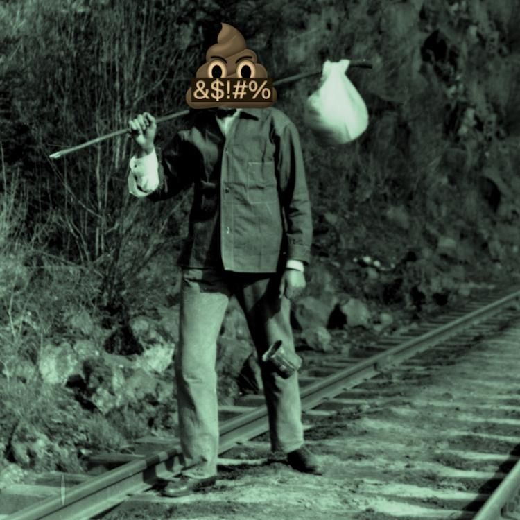 A hobo with a bindlestiff, walking down a lonely train track. His head has been replaced with a poop emoji with angry eyebrows whose mouth is covered with a black bar covered in grawlix.