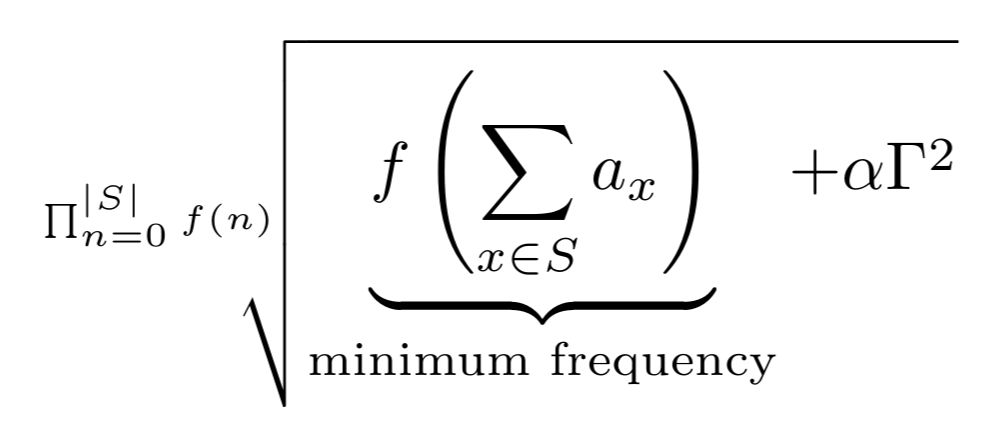 a complicated formula typeset in the LaTeX style

the formula involves a root, inside of which, a part of the expression has a brace underneath it with a label, which has been stuck inside the root symbol and doesn’t protrude beyond it downwards

inside that, there is a function being applied to a sum, with a noticeably larger-than-usual gap between the function name and the parentheses around the sum, which were scaled to match the vertical size of the sum symbol

further inside the root, next to the underbrace-adorned part, another part of the formula, which is offset as to not overlap on any vertical line with the underbrace label, which is longer than the underbrace, even though it could easily fit between the root and the label

the root has as its degree a product, which is typeset in scripts mode, i.e. the top and bottom limits of the product are placed on the right next to it and not above and below, but the limits are not at all smaller in font size than the rest of the root degree, and the whole root degree is way smaller than all other text, despite the large size of the root

further, the degree has odd tracking (letter spacing), with letters appearing too far apart
