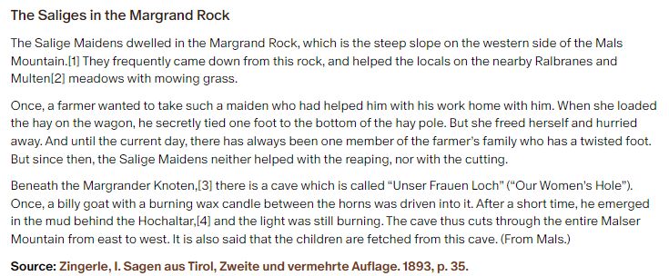 German folk tale "The Saliges in the Margrand Rock". Drop me a line if you want a machine-readable transcript!
