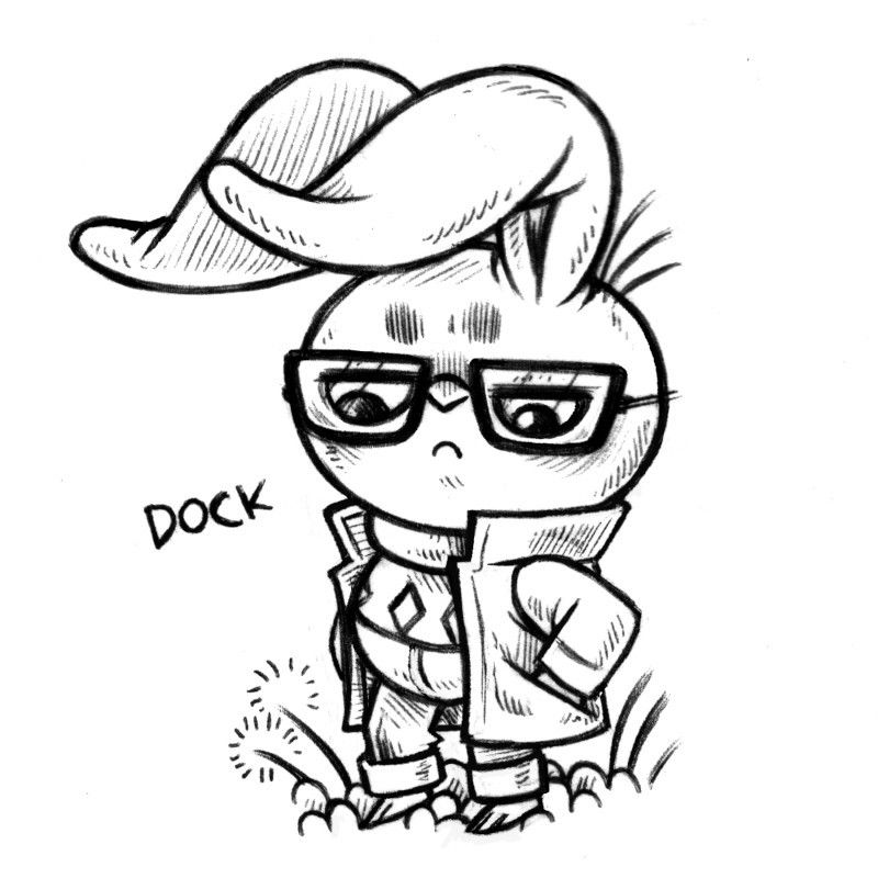 an ink drawing of Dock, a humanoid rabbit that is standing and looking very serious indeed. Their ears are slumped forward, they are wearing thick-rimmed glasses, a thick overcoat, a turtle neck sweater and jeans. 