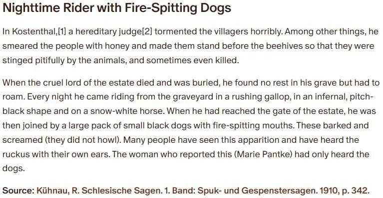 German folk tale "Nighttime Rider with Fire-Spitting Dogs". Drop me a line if you want a machine-readable transcript!