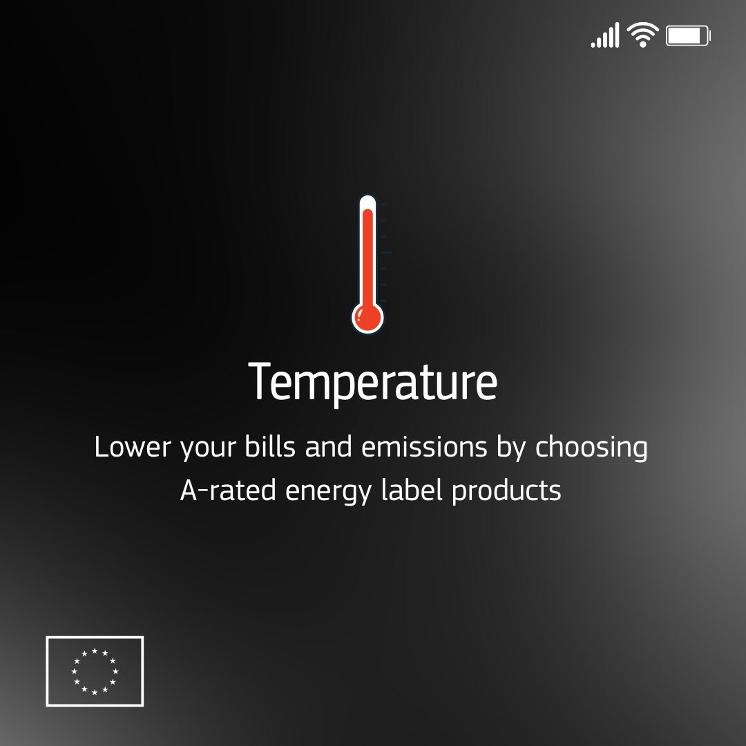 A smartphone-style warning screen with a red thermometer icon, the word “Temperature”, and the message: “Lower your bills and emissions by choosing A-rated energy label products.” An EU flag appears in the bottom left corner. The background is dark with a gradient, mimicking a system alert. 