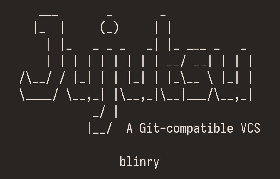 ASCII art that says "Jujutsu: A Git-compatible VCS, by blinry"