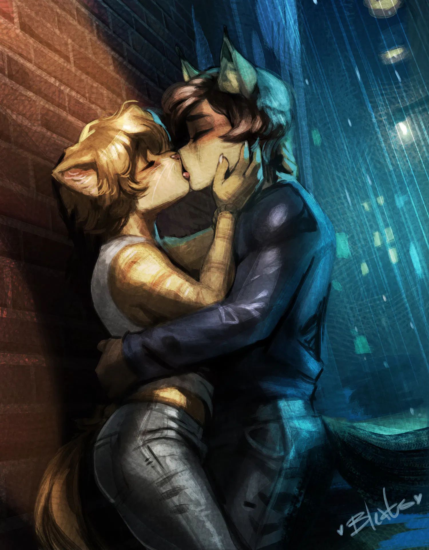 two furries kissing in the rain. 
on the right side, surrounded by cold and wet, a taller cat furry leans into the kiss. city lights color their back brightly blue.
on the left side, a shorter and more fem cat furry is both pushed against a brick wall and pulled closer to their chilled partner. they are also enjoying the kiss, and lit with warm lights from the building.
the composition's colors feel like the taller furry is finding a lot of comfort and warmth in this embrace, in the city nighttime.