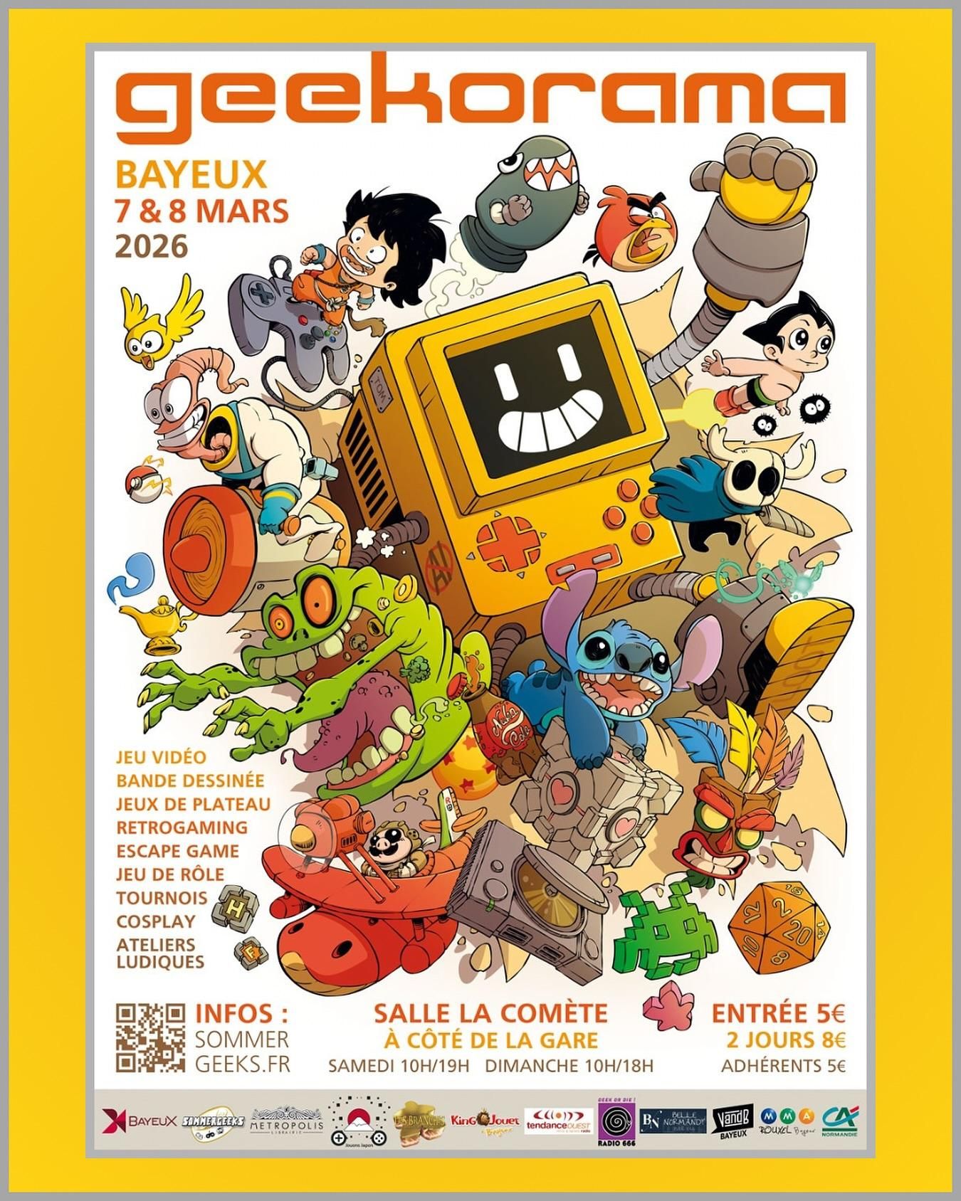 Une belle affiche signée Tom où on peut voir Loot la mascotte de Sommergeeks (imaginez une Gameboy jaune avec des bras et des jambes donc l'écran serait le visage) entouré de nombreux personnages de pop culture (Son Goku sur une manette magique, Earthworm Jim, Bouffetout de Ghostbusters, Stitch, Astro Boy, un oiseau d'Angry birds ...) 

Et il y a toutes les infos concernant le festival que je donne déjà dans le pouet.