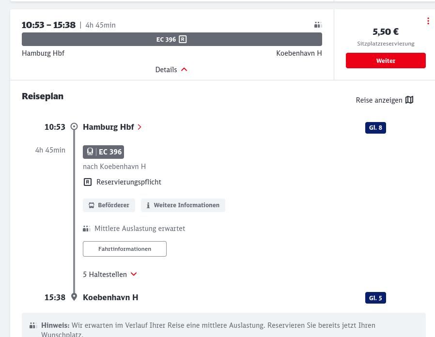 Derselbe EC von Hamburg Hbf, Sitzplatzreservierung wird für 5,5€ angezeigt.