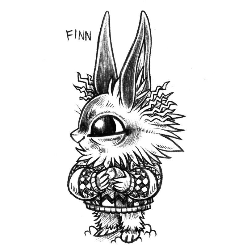 an ink drawing of a humanoid rabbit named Fiinn, wearing a very bulky patterned sweater. Finn is holding a ball. Their ears are long and dark, they have crimped hair at the base of them. Finn is overall very adorable and bears features of an icelandic sheep dog.