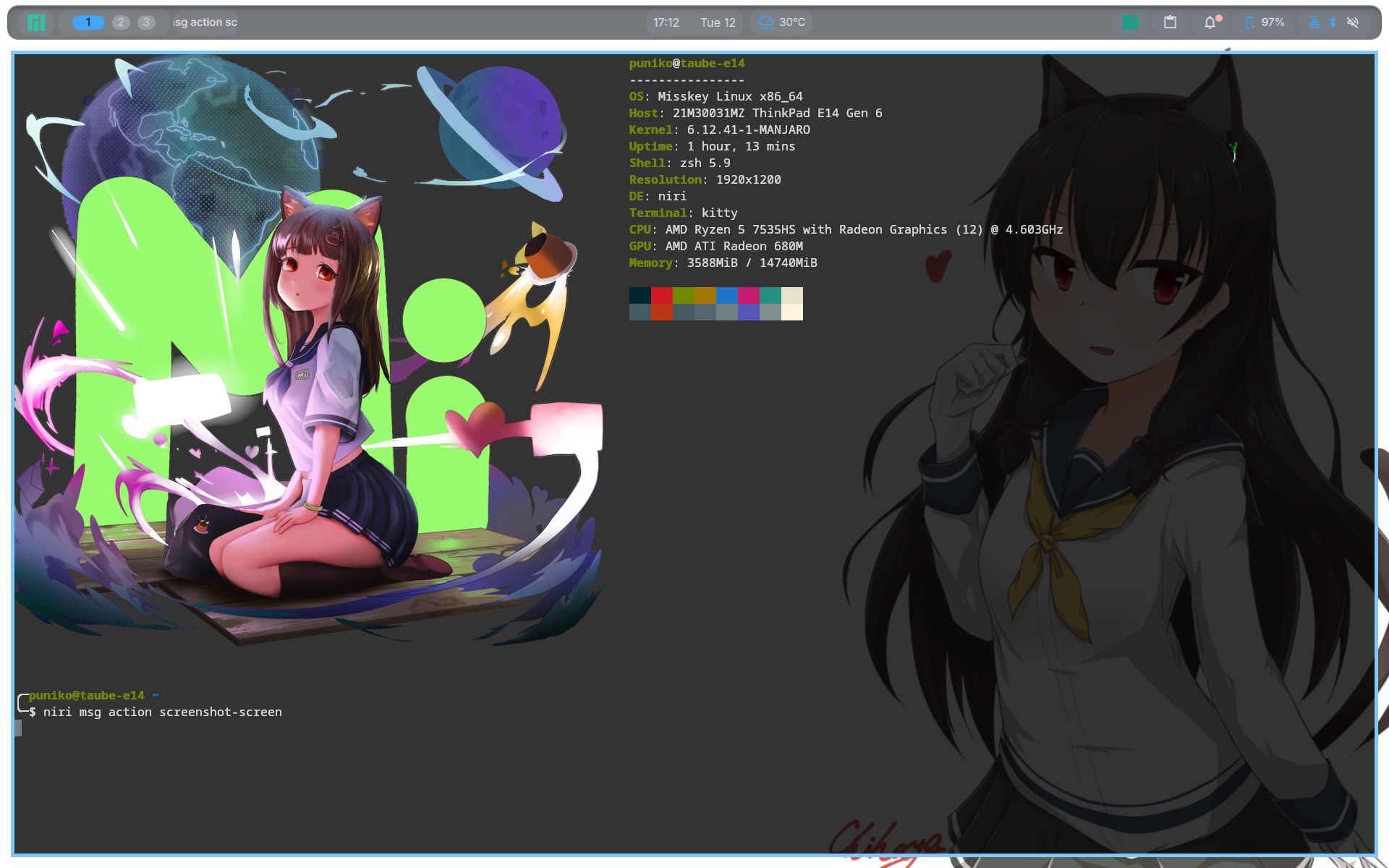 neofetch showing ai-chan from misskey and OS "Misskey Linux"
