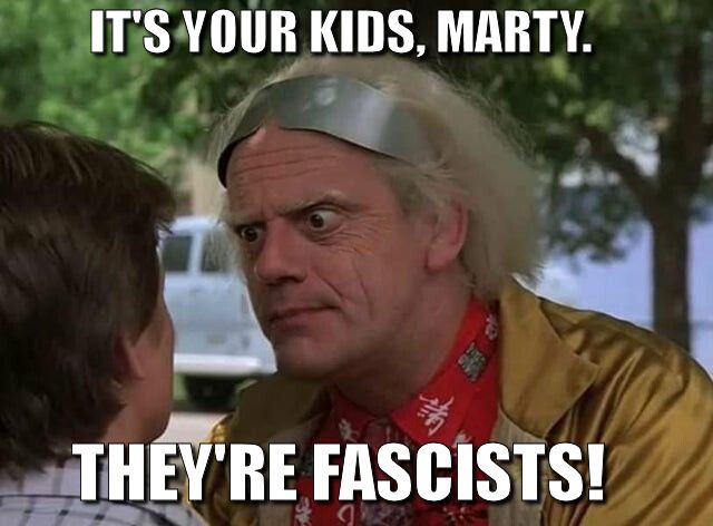 Doc Brown looks at Marty McFly in the final scene from Back to the Future.

"It's your kids, Marty. They're fascists!"