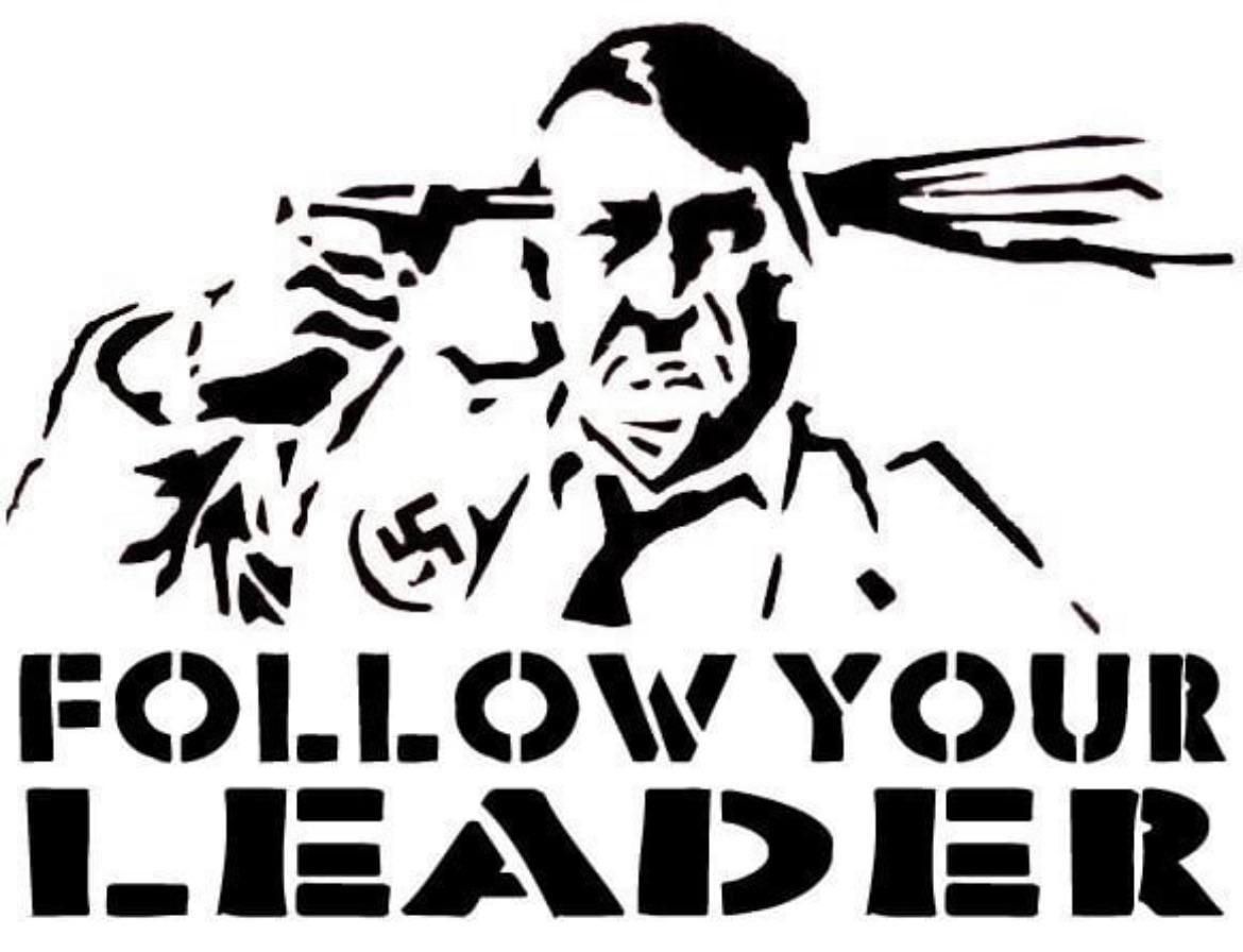 Graphic of Adolf Hitler shooting himself in the head with the caption "follow your leader."