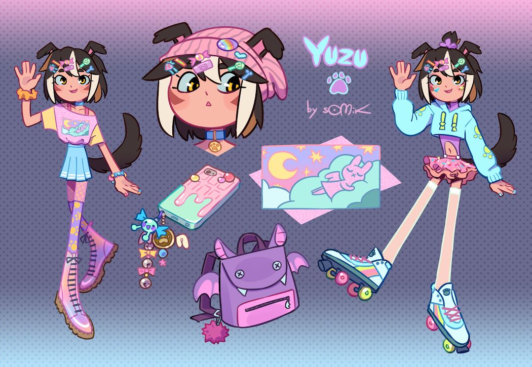 a character reference sheet showing a femme-dressing dog person in several cute pastel colored outfits. there are several accessories in the center of the image, including a bat backpack and a phone case with many charms.