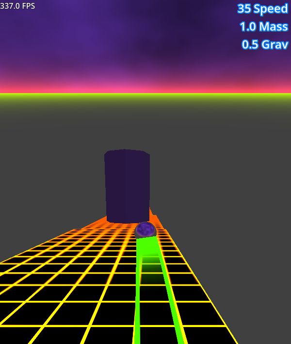 A scene from a simple 3D game scene. A ball hurtles through space over grid platforms.