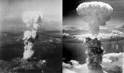 Left picture : At the time this photo was made, smoke billowed 20,000 feet above Hiroshima while smoke from the burst of the first atomic bomb had spread over 10,000 feet on the target at the base of the rising column. Six planes of the 509th Composite Group participated in this mission: one to carry the bomb (Enola Gay), one to take scientific measurements of the blast (The Great Artiste), the third to take photographs (Necessary Evil), while the others flew approximately an hour ahead to act as weather scouts (08/06/1945). Bad weather would disqualify a target as the scientists insisted on a visual delivery. The primary target was Hiroshima, the secondary was Kokura, and the tertiary was Nagasaki. Right picture : Atomic bombing of Nagasaki on August 9, 1945, taken by Charles Levy. By George R. Caron/ Charles Levy - Nagasakibomb.jpgAtomic_cloud_over_Hiroshima.jpg, Public Domain, https://commons.wikimedia.org/w/index.php?curid=12204929
