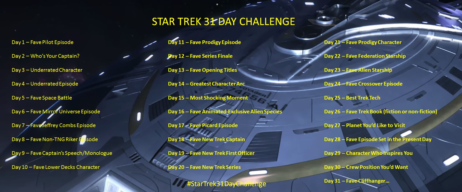 #StarTrek31DayChallenge

Day 1 – Fave Pilot Episode
Day 2 – Who’s Your Captain?
Day 3 – Underrated Character
Day 4 – Underrated Episode
Day 5 – Fave Space Battle
Day 6 – Fave Mirror Universe Episode
Day 7 – Fave Jeffrey Combs Episode
Day 8 – Fave Non-TNG Riker Episode
Day 9 – Fave Captain’s Speech/Monologue
Day 10 – Fave Lower Decks Character
Day 11 – Fave Prodigy Episode
Day 12 – Fave Series Finale
Day 13 – Fave Opening Titles
Day 14 – Greatest Character Arc
Day 15 – Most Shocking Moment
Day 16 – Fave Animated-Exclusive Alien Species
Day 17 – Fave Picard Episode
Day 18 – Fave New Trek Captain
Day 19 – Fave New Trek First Officer
Day 20 – Fave New Trek Series
Day 21 – Fave Prodigy Character
Day 22 – Fave Federation Starship
Day 23 – Fave Alien Starship
Day 24 – Fave Crossover Episode
Day 25 – Best Trek Tech
Day 26 – Fave Trek Book (fiction or non-fiction)
Day 27 – Planet You’d Like to Visit
Day 28 – Fave Episode Set in the Present Day
Day 29 – Character Who Inspires You
Day 30 – Crew Position You’d Want
Day 31 – Fave Cliffhanger…