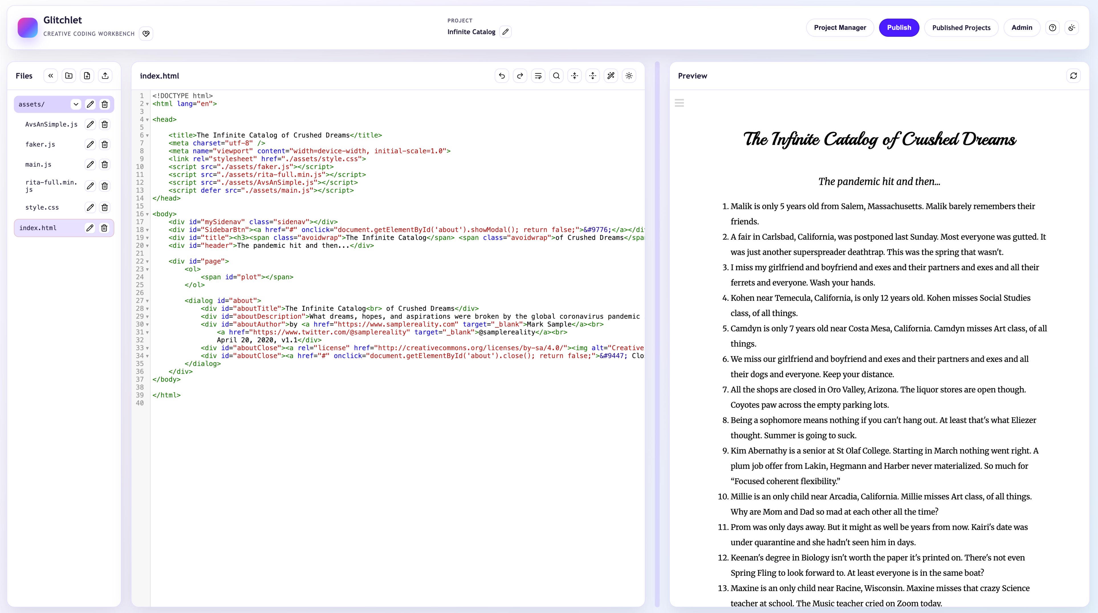 The workbench of Glitchlet, showing a file panel, a code panel, and a preview panel.
