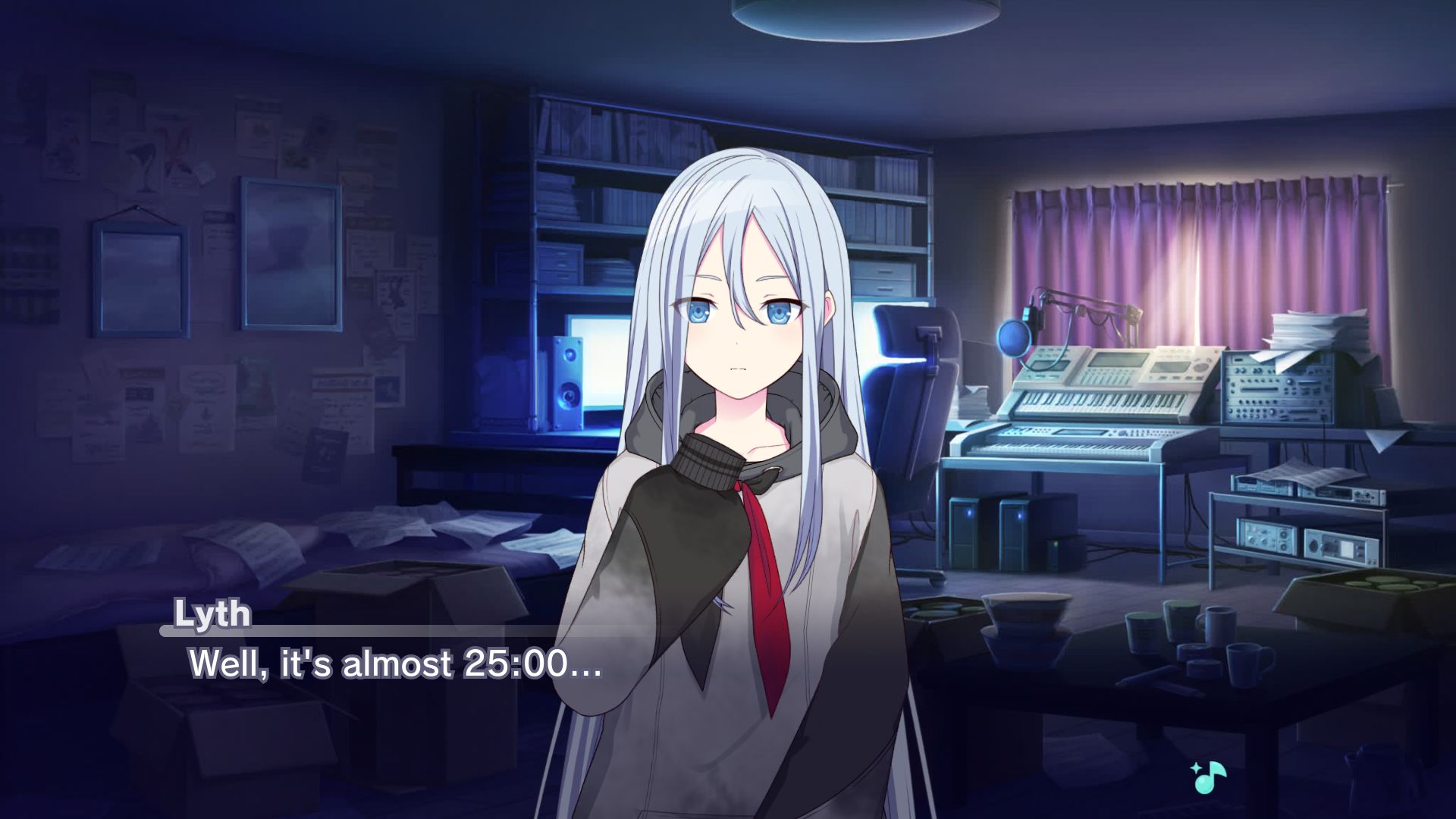 Project Sekai custom scene of Lyth in an approximation of her room saying "Well, it's almost 25:00..."
