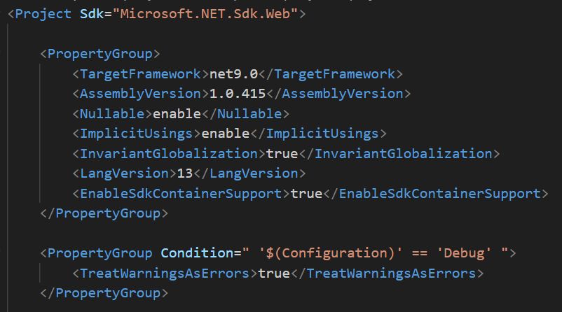 A screenshot of the start of a .csproj file, the project format for .NET / C# projects. It shows the target SDK, language, and framework version for the compiler to use.