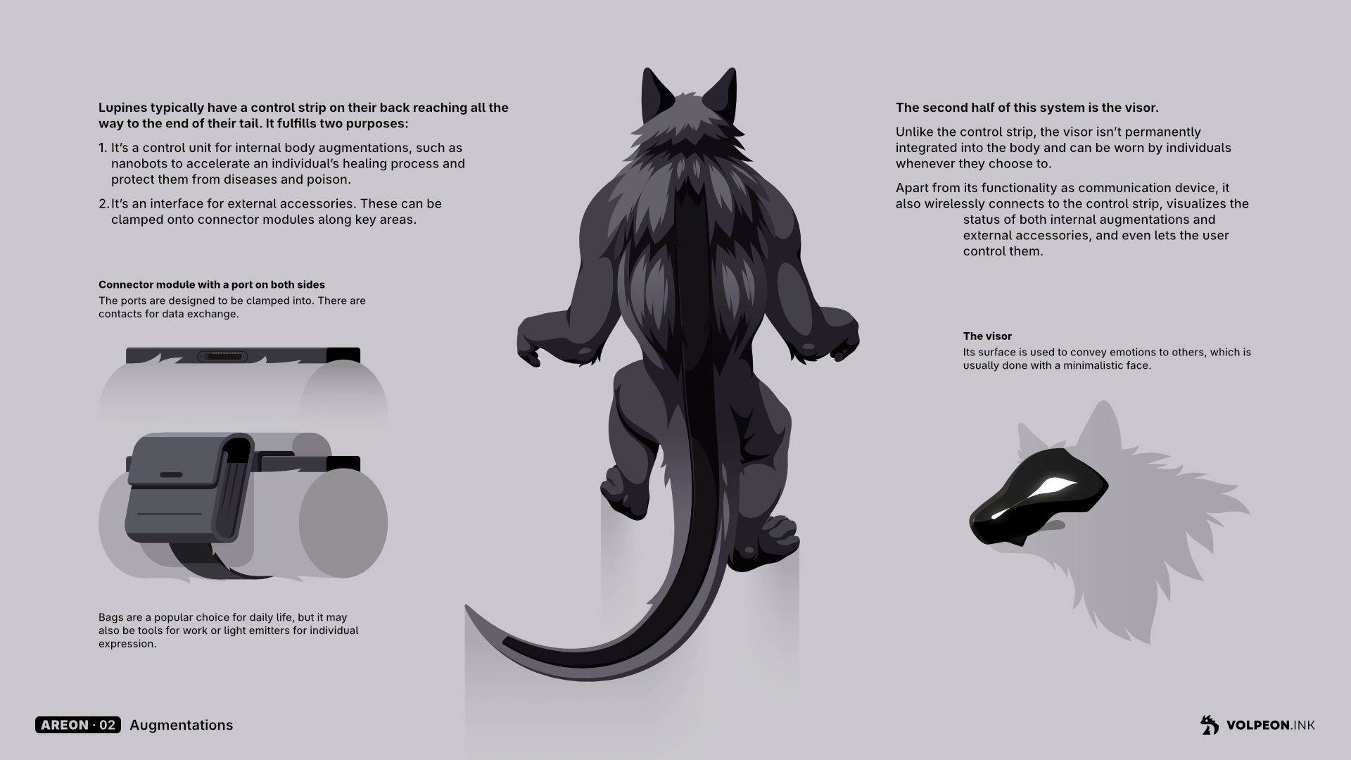 Vector art of Areon, my werewolf-like alien character. It's one page of his character sheet about the control strip, a black strip on his back going all the way down to the tip of his kangaroo-like tail.

"Lupine typically have a control strip on their back reaching all the way to the end of their tail. It fulfills two purposes:
1.	It’s a control unit for internal body augmentations, such as nanobots to accelerate an individual’s healing process and protect them from diseases and poison.
2.	It’s an interface for external accessories. These can be clamped onto connector modules along key areas."

There's a small drawing of the strip showing the connector, and one more with a bag attached.

"The second half of this system is the visor. 
Unlike the control strip, the visor isn’t permanently integrated into the body and can be worn by individuals whenever they choose to.
Apart from its functionality as communication device, it also wirelessly connects to the control strip, visualizes the status of both internal augmentations and  external accessories, and even lets the user control them."

There's a small drawing afterwards of Areon wearing a black visor with white shapes rendered on its surface resembling eyes and nostrils.