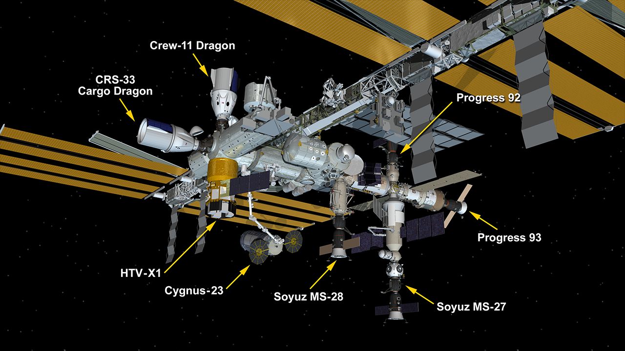 Graphic of the ISS and the 8 spacecraft around it.