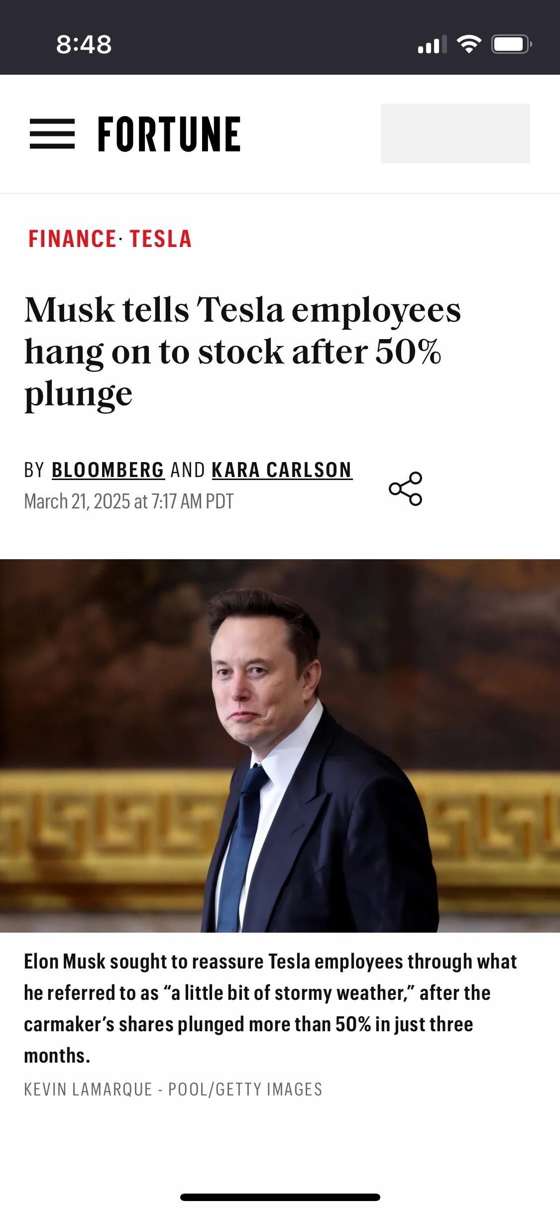 Image features an article from Fortune discussing Elon Musk's message to Tesla employees regarding a significant stock plunge. The headline states "Musk tells Tesla employees hang on to stock after 50% plunge."