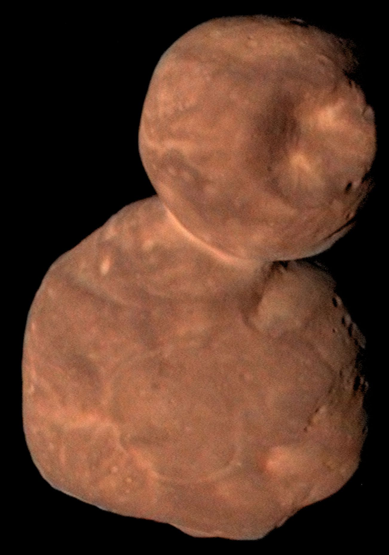 Composite Image of 2014 MU69 (Arrokoth)
Release Date: May 16, 2019
Keywords: MU69, News Article
This composite image of the primordial contact binary Kuiper Belt object 2014 MU69 (officially named Arrokoth) was compiled from data obtained by NASA's New Horizons spacecraft as it flew by the object on Jan. 1, 2019. The image combines enhanced color data (close to what the human eye would see) with detailed high-resolution panchromatic pictures.

Credit: NASA/Johns Hopkins University Applied Physics Laboratory/Southwest Research Institute//Roman Tkachenko