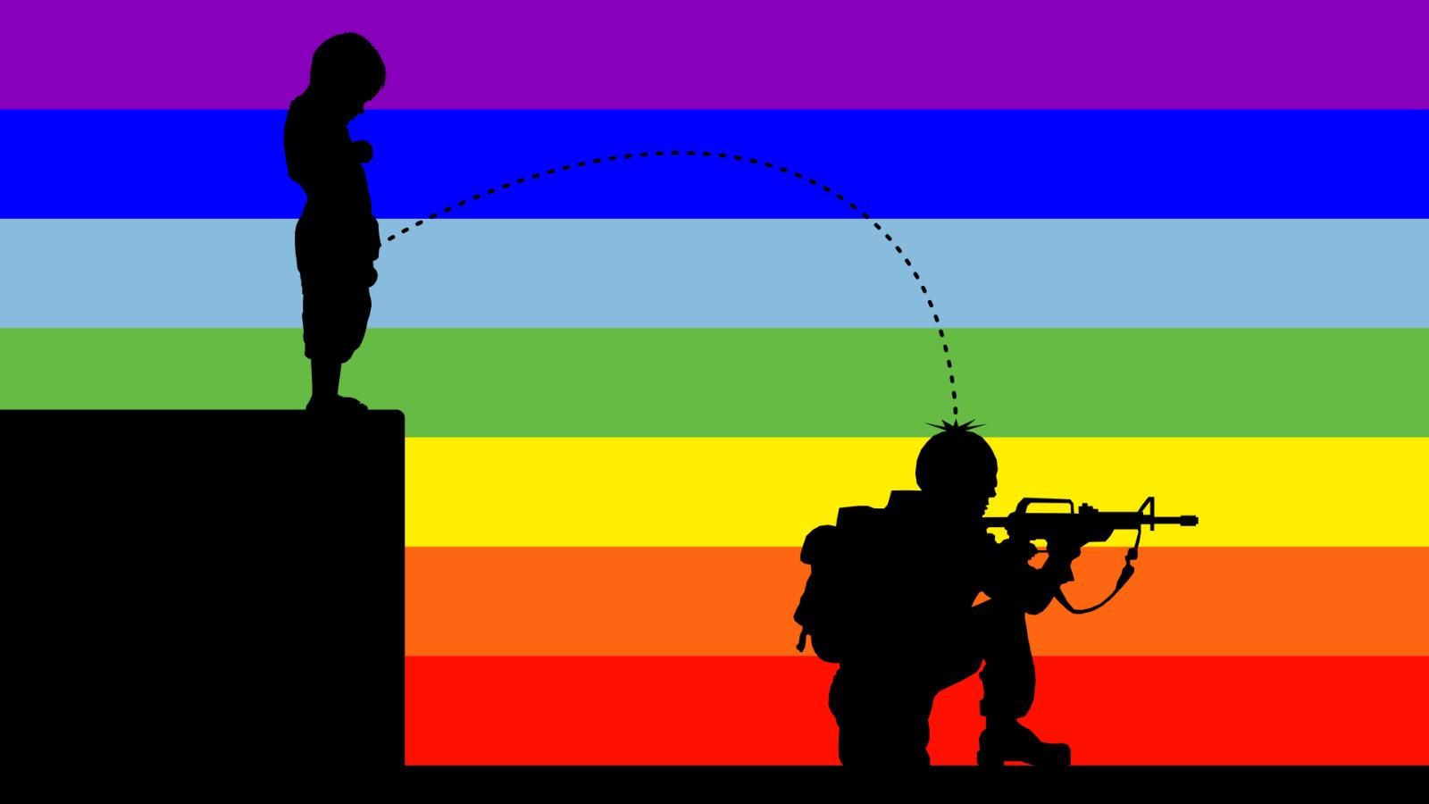 Un'illustrazione che raffigura, in forma di silhouette nere, un bimbo che, in piedi su un muretto alto più o meno quanto lui, fa pipì da lì sull'elmetto di un soldato inginocchiato davanti a lui, alla sua destra, in posizione di tiro. Entrambi sono di profilo, rivolti verso destra. Sullo sfondo, a strisce orizzontali, ci sono i colori della bandiera della pace: dall'alto viola, blu, azzurro, verde, giallo, arancione e rosso.