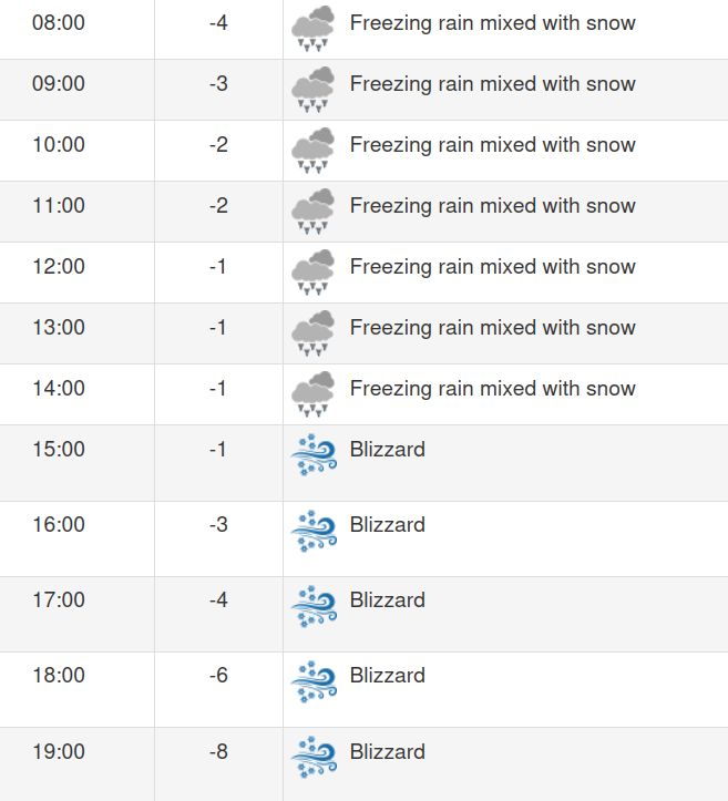 A screenshot of the hourly forecast.  It's supposed to be several hours of "freezing rain mixed with snow" which has the disturbing icon of triangles falling from clouds, and then several hours of "Blizzard" which looks like a fanciful blowing wind cartoon surrounded by pretty snowflakes.  I'm guessing it'll be a little more awful than that...