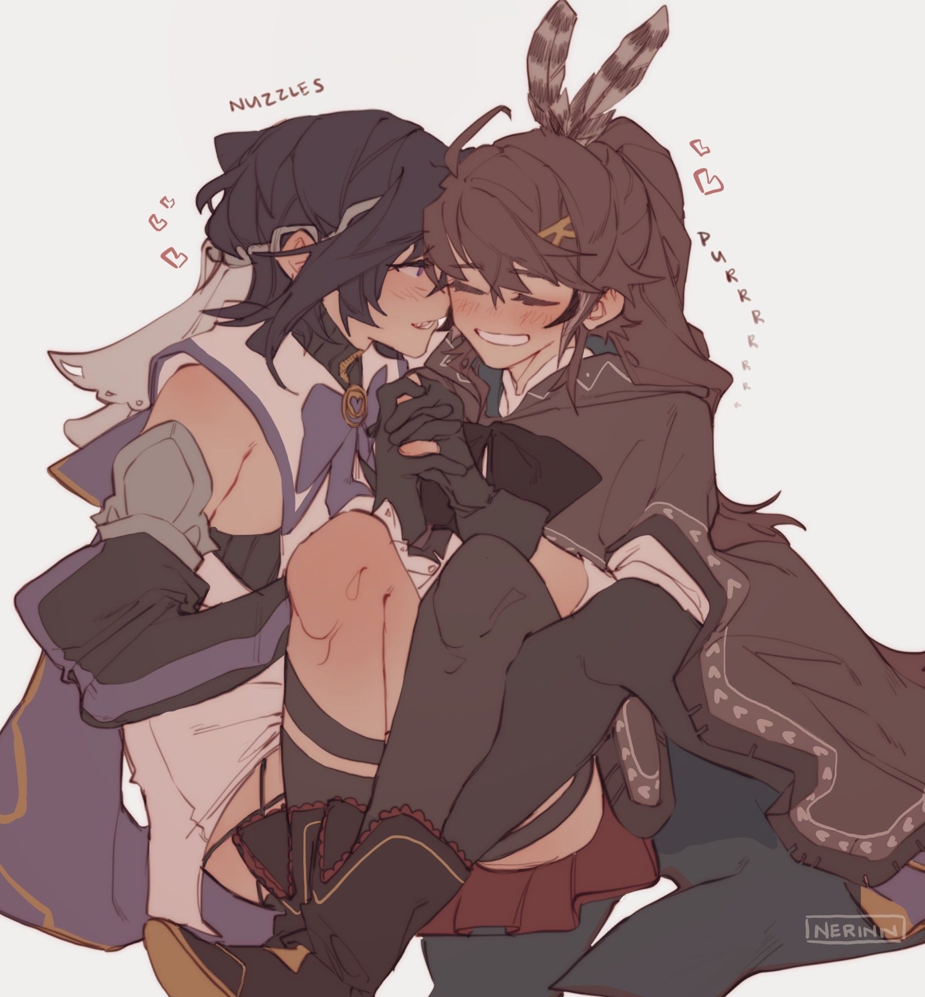 Danbooru tags: 2girls artist_name blue_eyes blue_hair blush brown_hair chain chain_headband closed_eyes commentary english_commentary feather_hair_ornament feathers gloves hair_intakes hair_ornament headband heart highres holding holding_hands hololive hololive_english interlocked_fingers looking_at_another multiple_girls nanashi_mumei nanashi_mumei_(1st_costume) nerinn_(artist) nuzzle ouro_kronii ouro_kronii_(1st_costume) parted_lips partially_fingerless_gloves thigh_strap thighhighs virtual_youtuber yuri