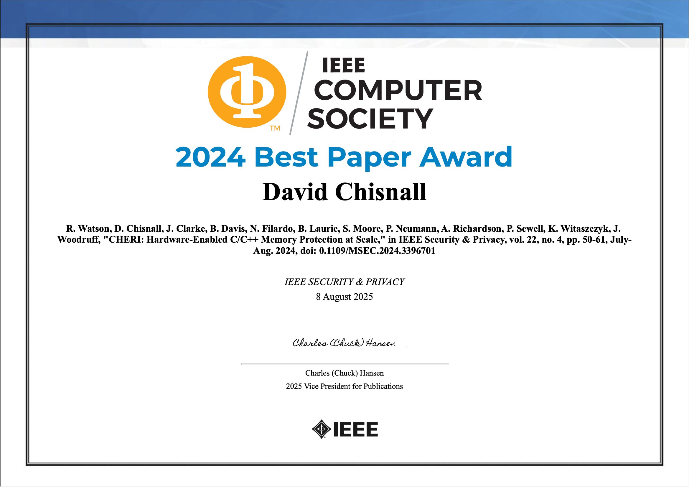 IEEE Security and Privacy award for 'CHERI: Hardware-Enabled C/C++ Memory Protection at Scale'
