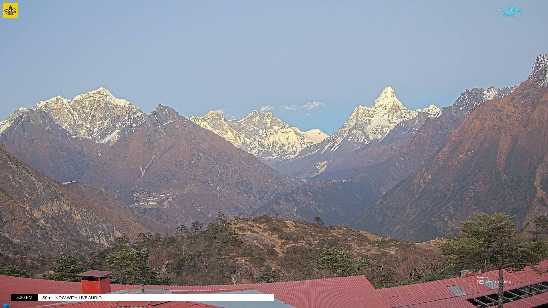 A wide view of several mountains, from left:

- Taboche (6,500 meters/21,325 feet)
- Mount Everest (8,848 meters/29,032 feet)
- Lhotse (8,516 meters/27,939 feet)
- Ama Dablam (6,814 meters/22,355 feet)
