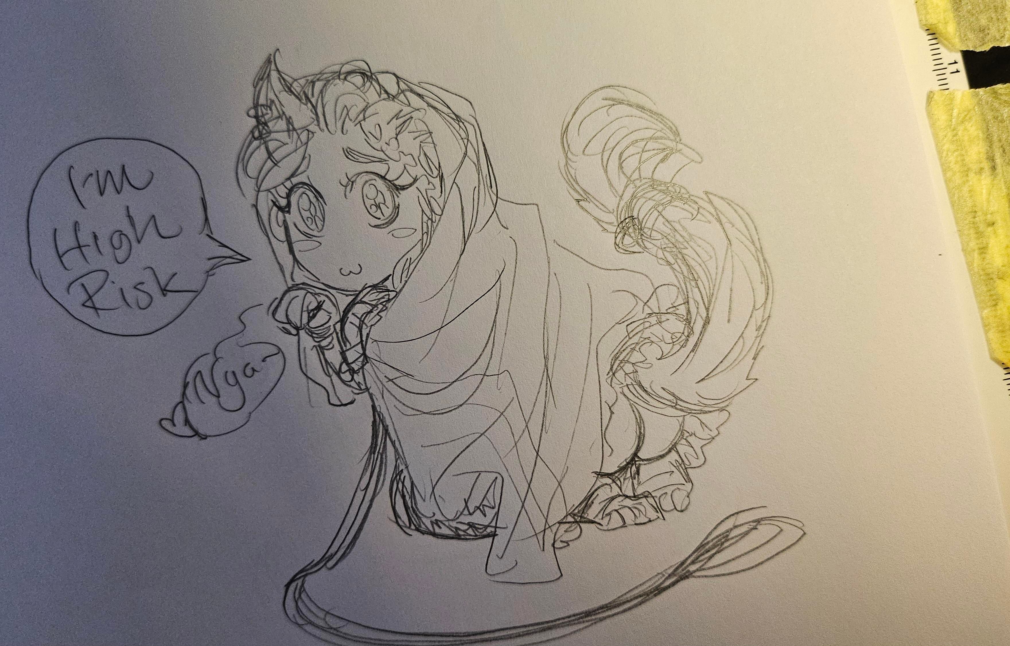 Rough sketch of a chibi catgirl in kink gear, under a blanket being like "I'm high risk, nya" while looking very cosy