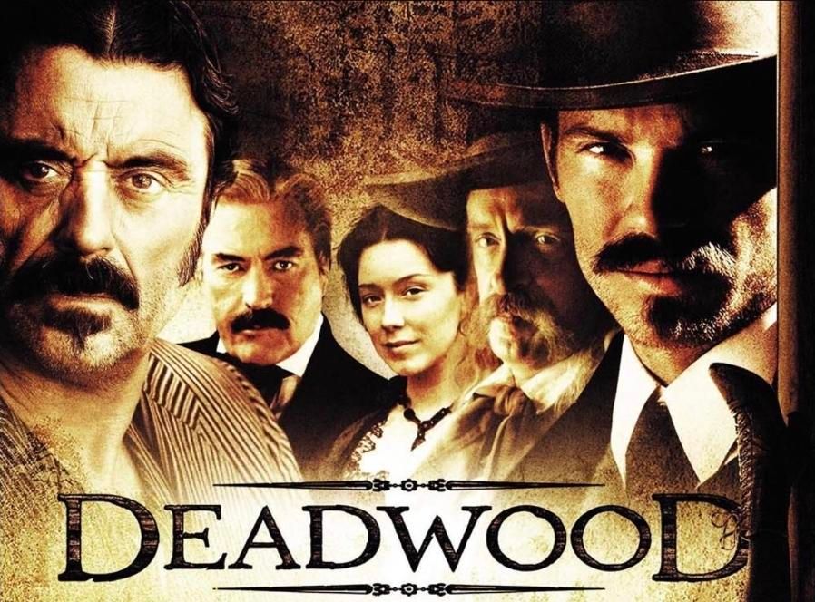 Ian McShane, Powers Booth, Molly Parker, Keith Carradine, and Timothy Olyphant. In a sepia tone photograph above the word Deadwood. 