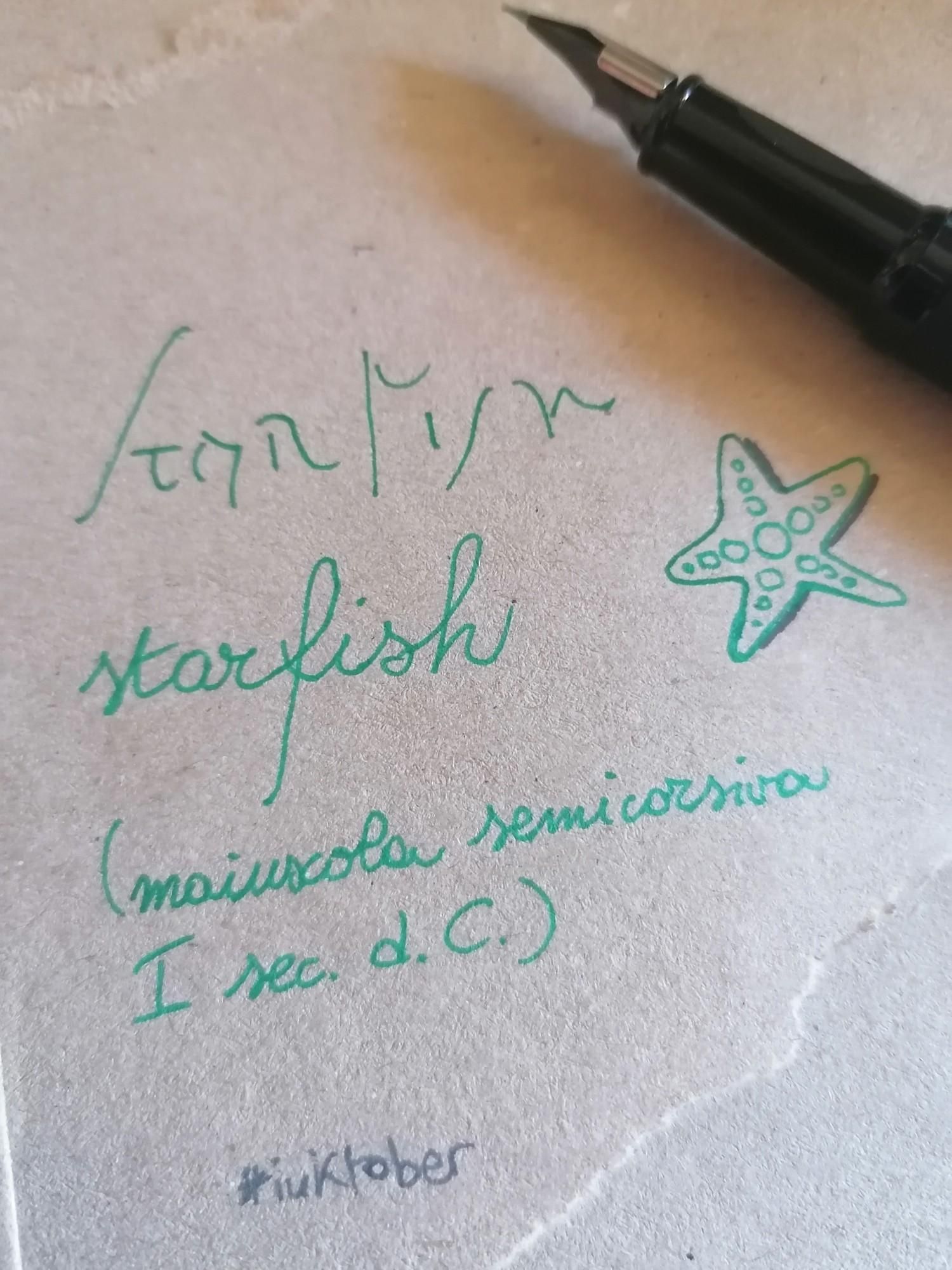 La parola "starfish" scritta con stilografica a inchiostro verde, in caratteri di maiuscola semicorsiva del I sec. d. C.
Sotto, c'è la scritta in corsivo attuale, il disegno di una stella marina e, tra parentesi, la spiegazione del carattere paleografico usato.