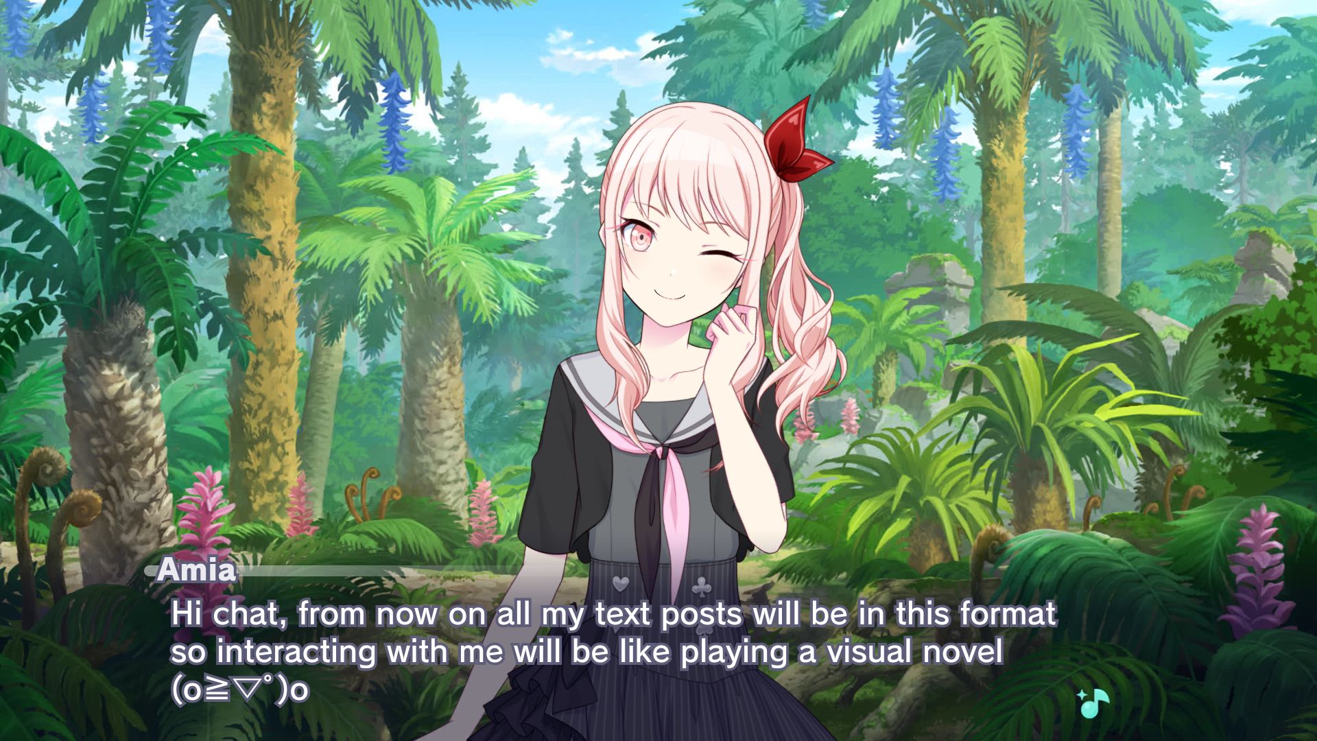 project sekai custom story board with mizuki winking and textbox saying "hi chat, from now on all my text posts will be in this format so interacting with me will be like playing a visual novel (o≧▽ﾟ)o"