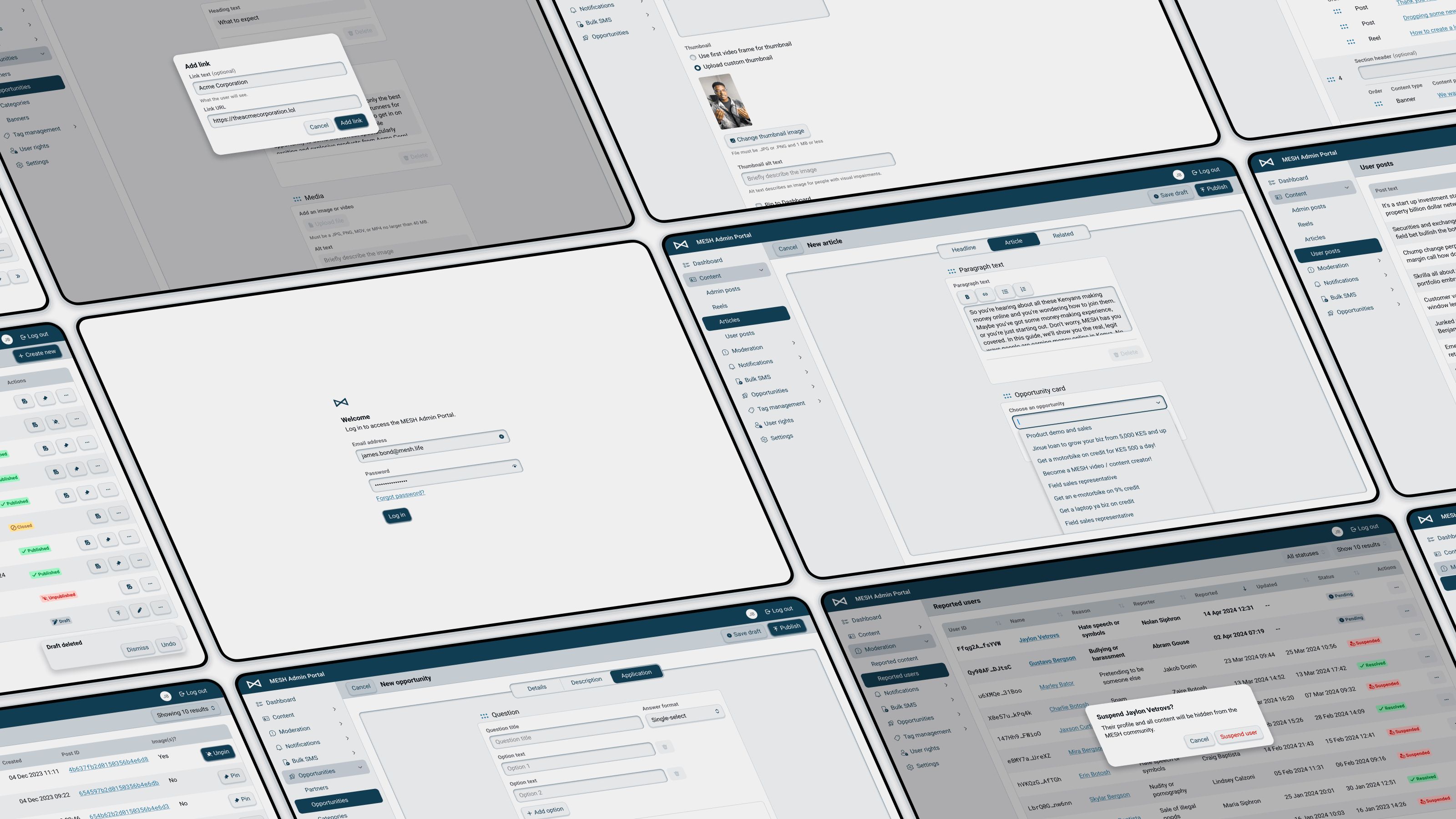 A collection of desktop screens from the MESH Admin Portal site. Examples include a login screen, a table view of content on the site, and complex widgets to create new content. Controls are characterised by gently rounded corners, slight depth, and a harmonious colour palette of dark blue over shades of bluish grey, with accents like bright red for errors and destructive actions or green for success.