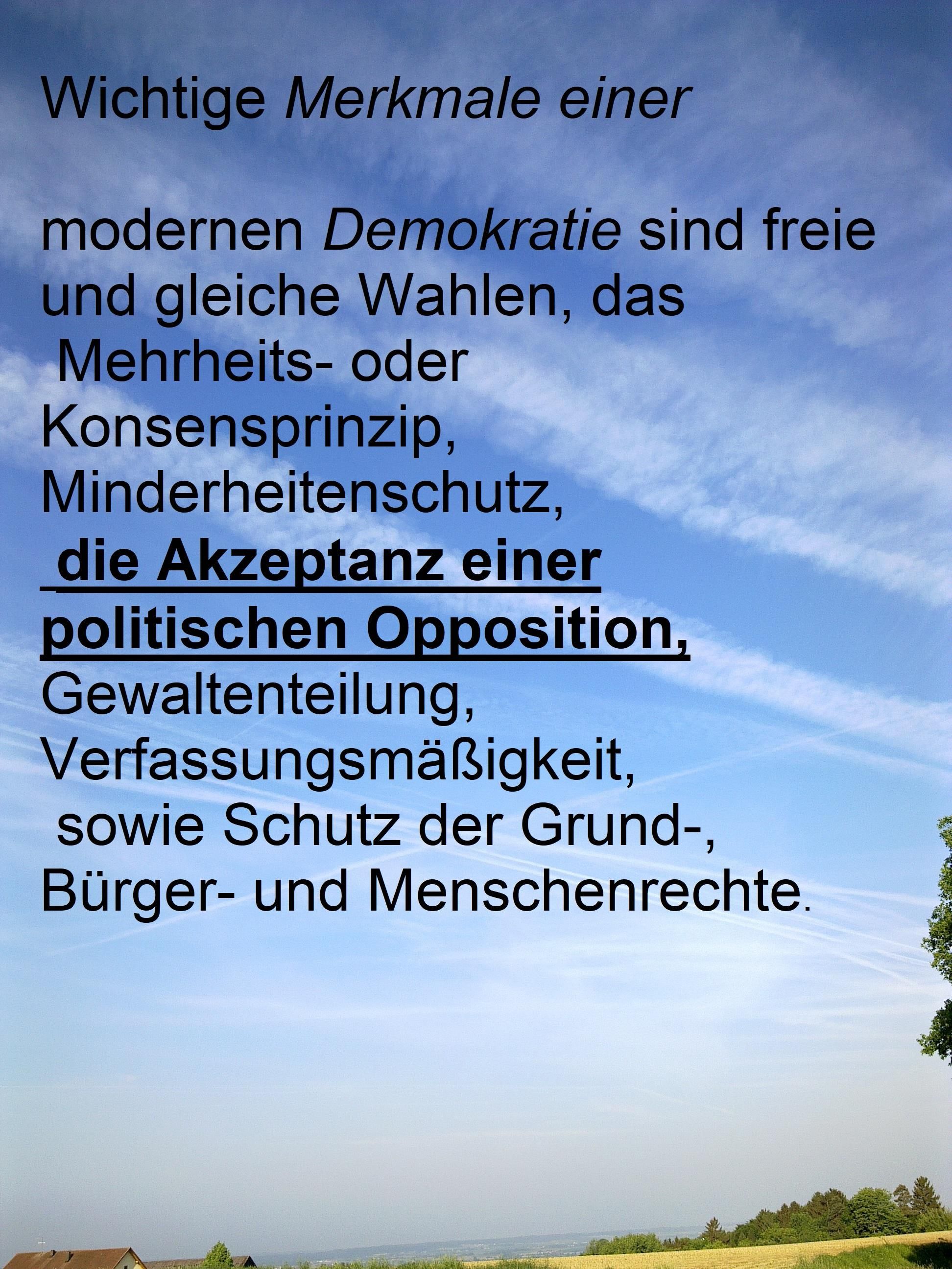 Blauer Untergrund, ganz unten im Bild ein Stückchen Landschaft
Schwarzer Text: "Wichtige Merkmale einer modernen Demokratie sind freie und gleiche Wahlen, das Mehrheits- oder Konsensprinzip, Minderheitenschutz, die Akzeptanz einer politischen Opposition, Gewaltenteilung, Verfassungsmäßigkeit, sowie Schutz der Grund-, Bürger - und Menschenrechte