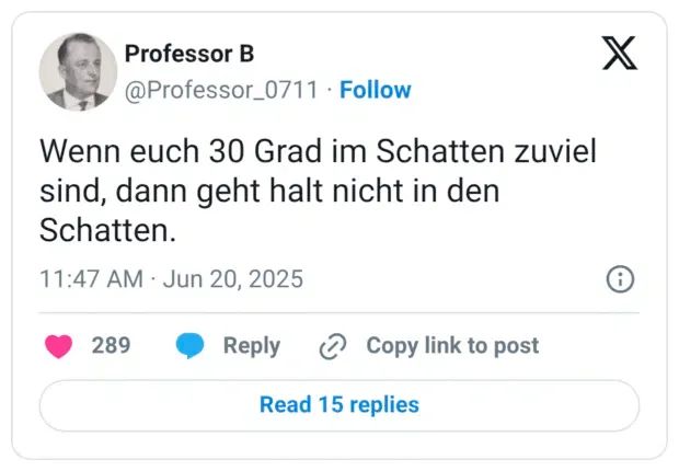 Screenshot eines Tweet von @Professor_0711:

"Wenn euch 30 Grad im Schatten zuviel sind, dann geht halt nicht in den Schatten."
