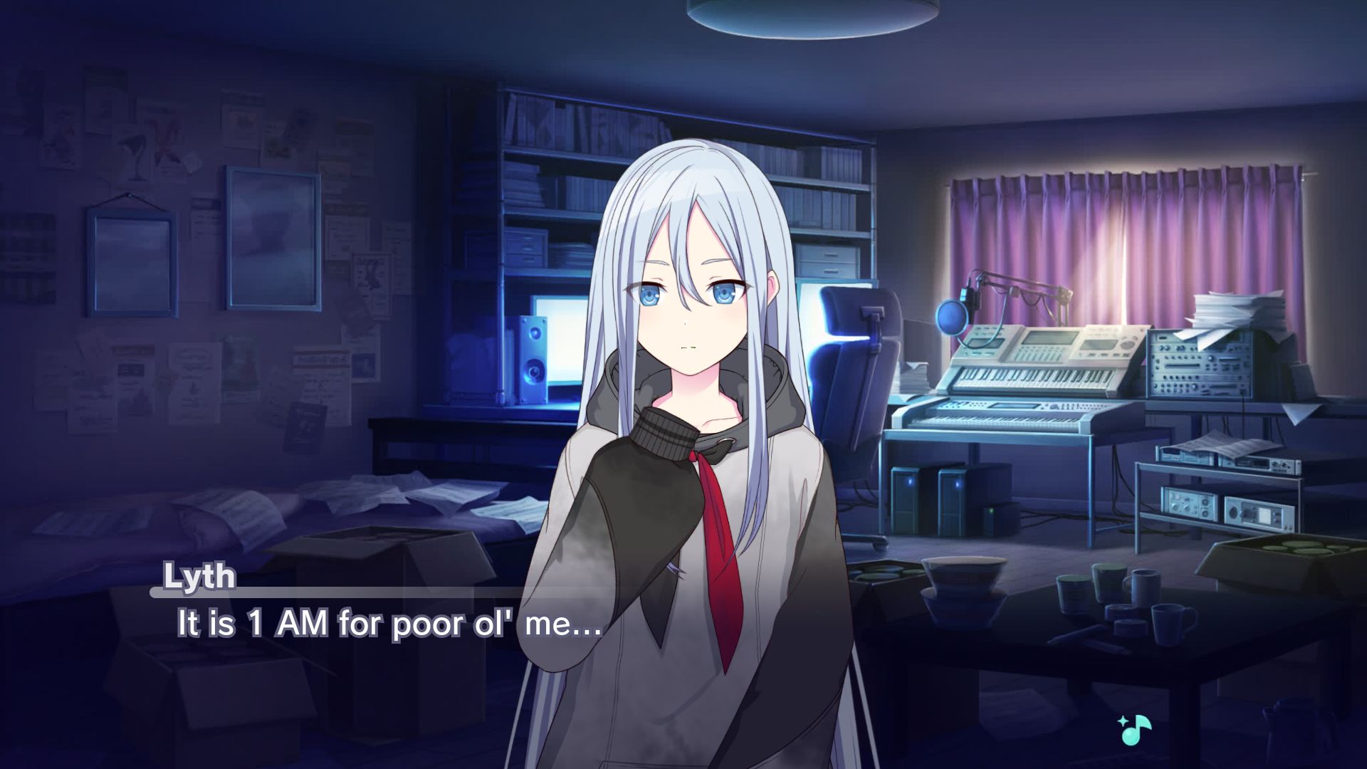 Project Sekai custom scene of Lyth in an approximation of her room saying "It is 1 AM for poor ol' me..."