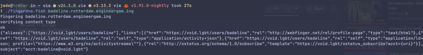 a screenshot of a terminal. the last run command is ./fingerdns.fish badeline.rotterdam.engineergam.ing, with the result being:
 fingering badeline.rotterdam.engineergam.ing
verifying content type
ok
{"aliases":["https://void.lgbt/users/badeline"],"links":[{"href":"https://void.lgbt/users/badeline","rel":"http://webfinger.net/rel/profile-page","type":"text/html"},{"href":"https://void.lgbt/users/badeline","rel":"self","type":"application/activity+json"},{"href":"https://void.lgbt/users/badeline","rel":"self","type":"application/ld+json; profile=\"https://www.w3.org/ns/activitystreams\""},{"rel":"http://ostatus.org/schema/1.0/subscribe","template":"https://void.lgbt/ostatus_subscribe?acct={uri}"}],"subject":"acct:badeline@void.lgbt"}